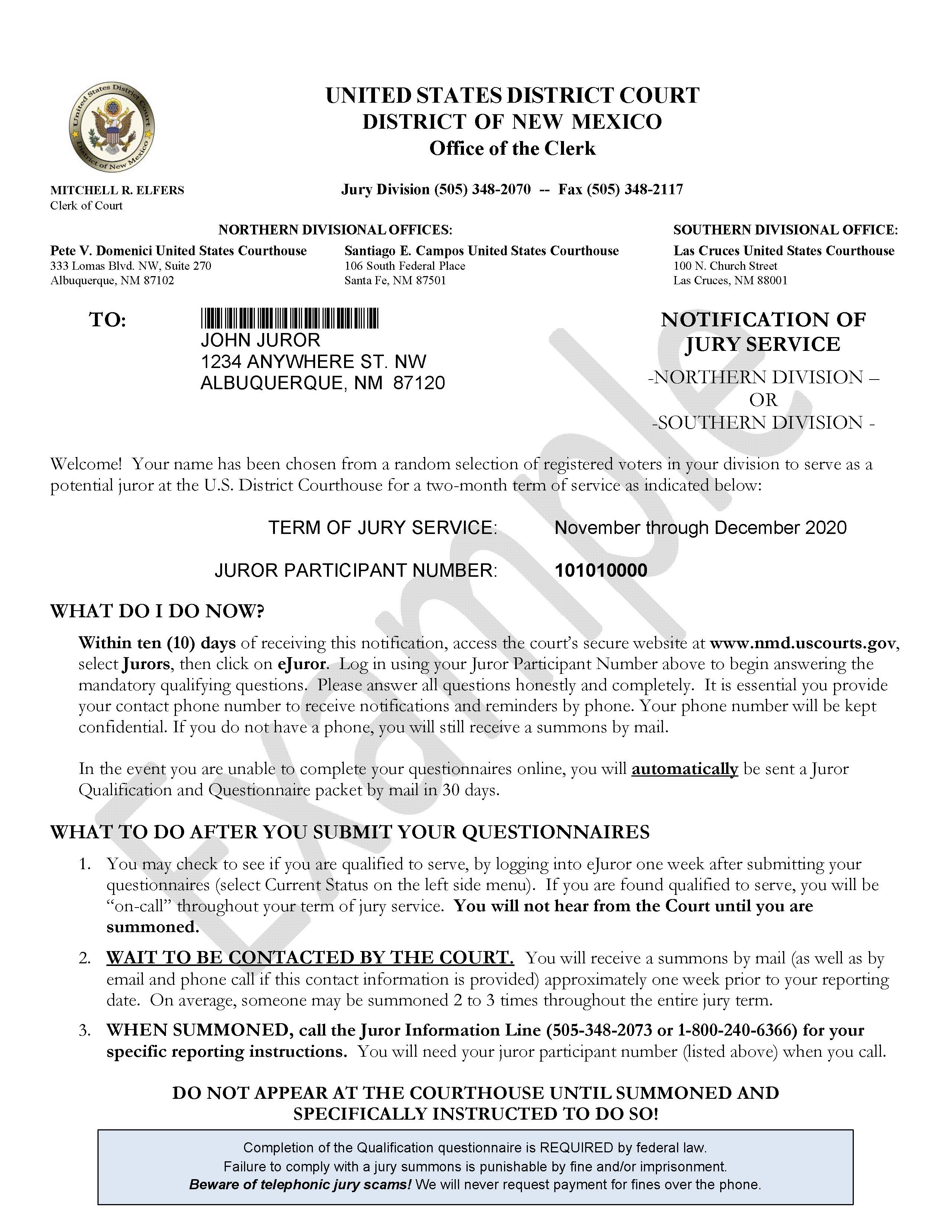 Notification Of Jury Service Information District Of New Mexico