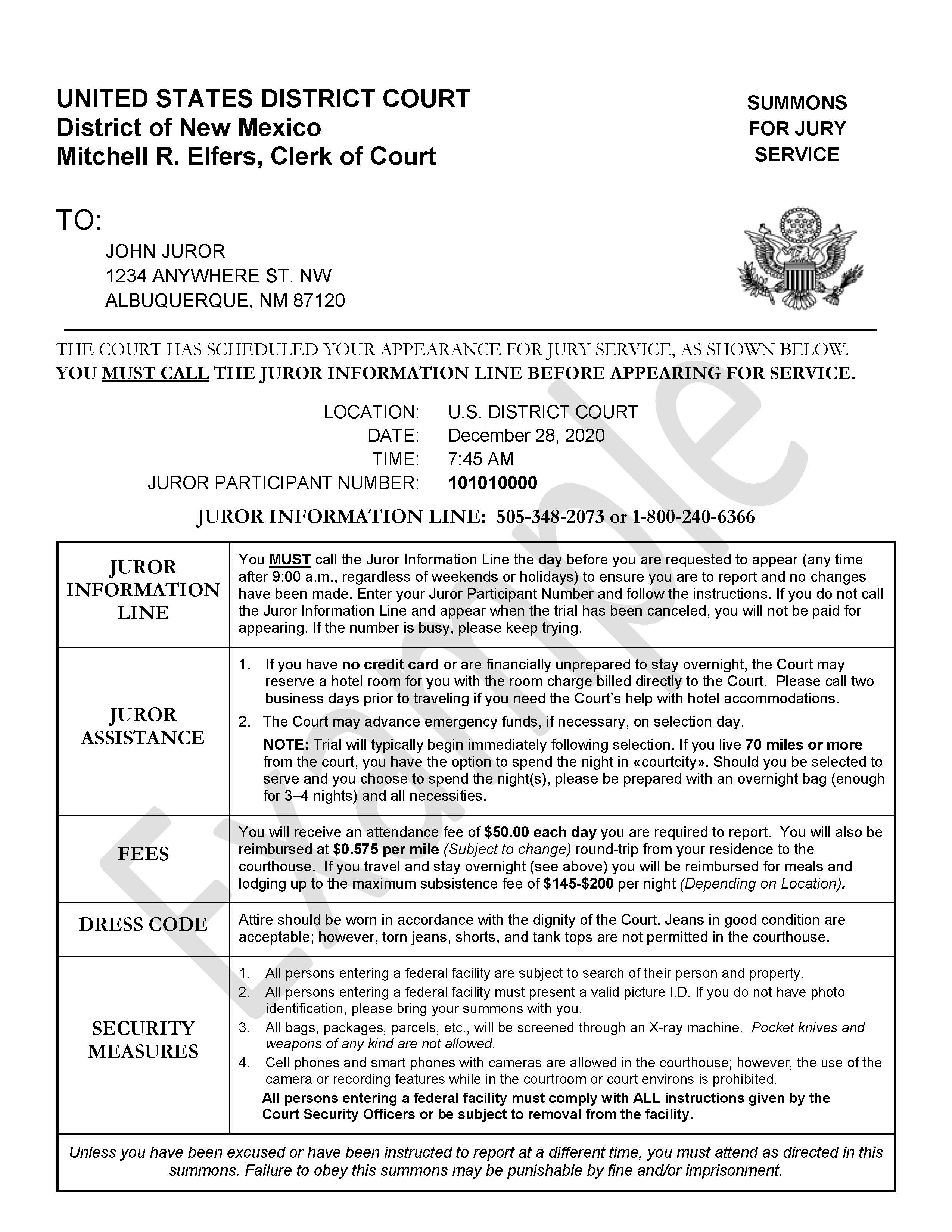 prose Using a computer Falsehood Summons for Jury Service Information | District of New Mexico | United  States District Court